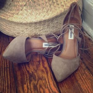 Taupe suede strappy Steve Madden heels